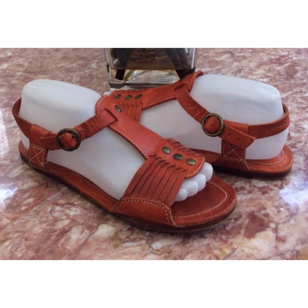 Frye Women's Orange Leather Ankle Strap Flat Sandals B78315 Size 8 EUC! $185